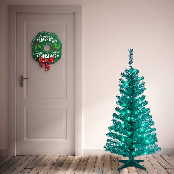 National Tree Company 4 Ft. Pre-Lit Tinsel Collection Turquoise Tree With Clear Lights
