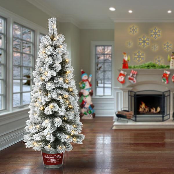 National Tree Company 5 Ft. Pre-Lit Snowy Pogue Pine Slim Tree With LED Lights