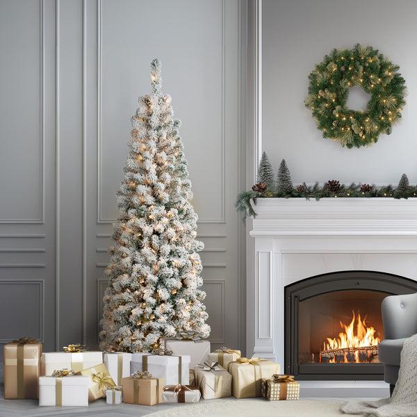 National Tree Company 6 Ft. Pre-Lit Acacia Pencil Slim Flocked Tree With Clear Lights