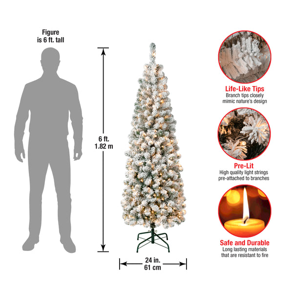 National Tree Company 6 Ft. Pre-Lit Acacia Pencil Slim Flocked Tree With Clear Lights