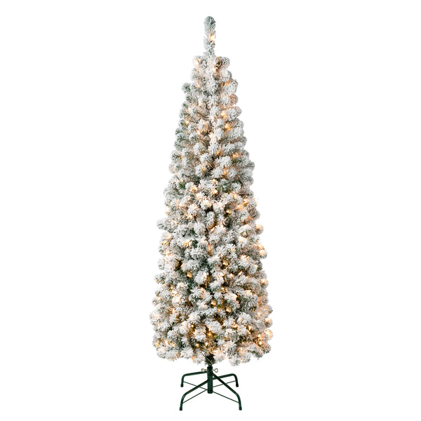 national tree company 6 ft. Pre-Lit Acacia Pencil Slim Flocked Tree with Clear Lights