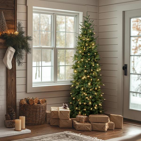 National Tree Company 6 Ft. Pre-Lit Duxbury Feel Real Slim Tree With LED Lights