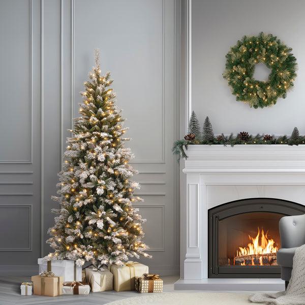 National Tree Company 7.5 Ft. Pre-Lit Snowy Mountain Pine Slim Tree With Clear Lights