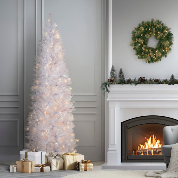 National Tree Company 7 Ft. Pre-Lit Kingswood Fir White Pencil Tree With Clear Lights