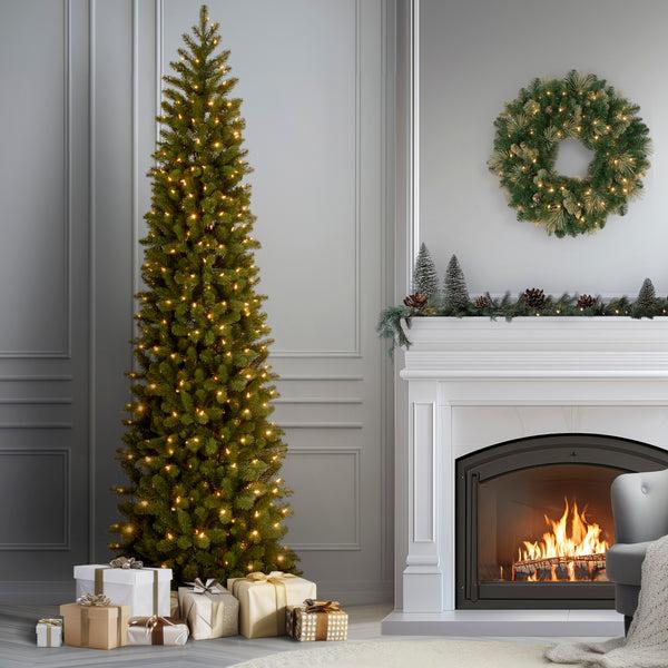 National Tree Company 9 Ft. Pre-Lit Downswept Douglas Fir Pencil Slim Tree With Dual Color LED Lights