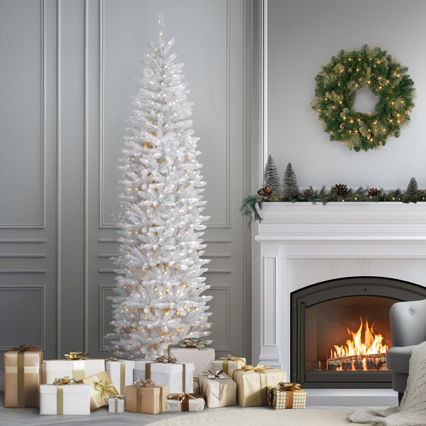 National Tree Company 9 Ft. Pre-Lit Kingswood Fir White Pencil Tree With Clear Lights