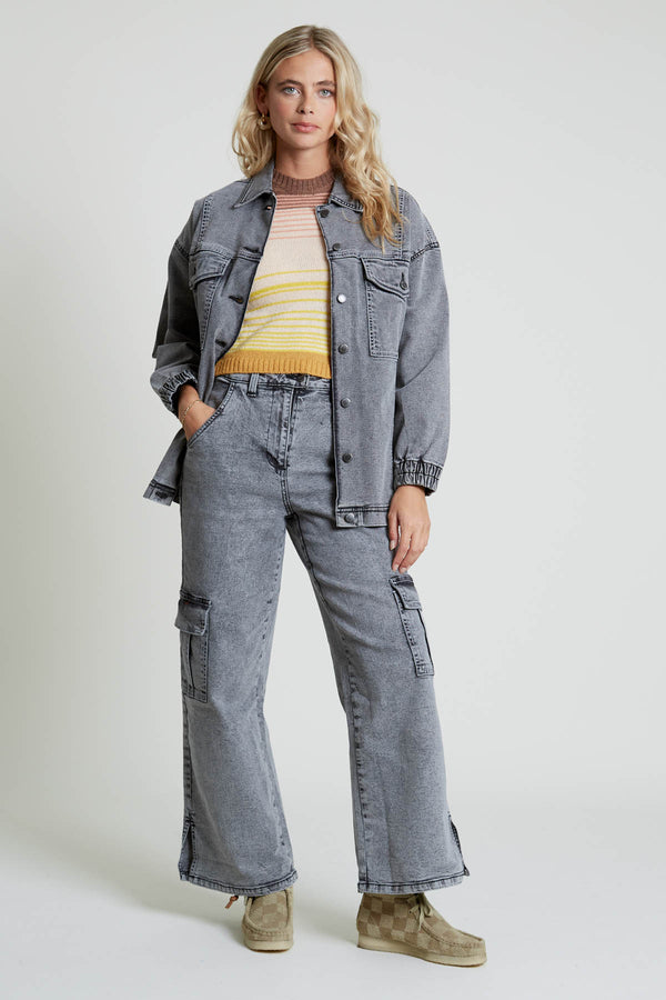 Native Youth ACIALA ACID WASH WIDE LEG JEANS WITH SEAMING DETAIL