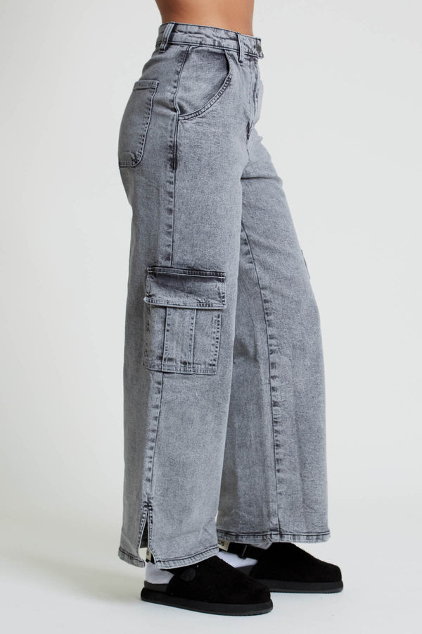 Native Youth ACIALA ACID WASH WIDE LEG JEANS WITH SEAMING DETAIL