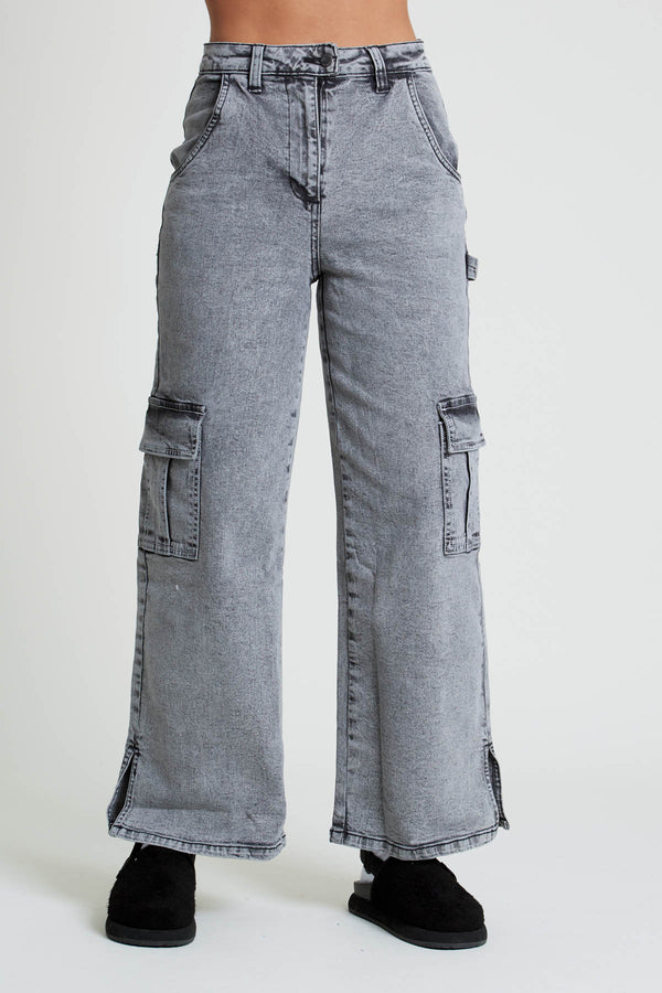 native youth ACIALA ACID WASH WIDE LEG JEANS WITH SEAMING DETAIL