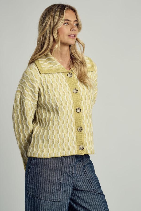 Native Youth AGATHA WIDE COLLAR CARDIGAN IN YELLOW JACQUARD