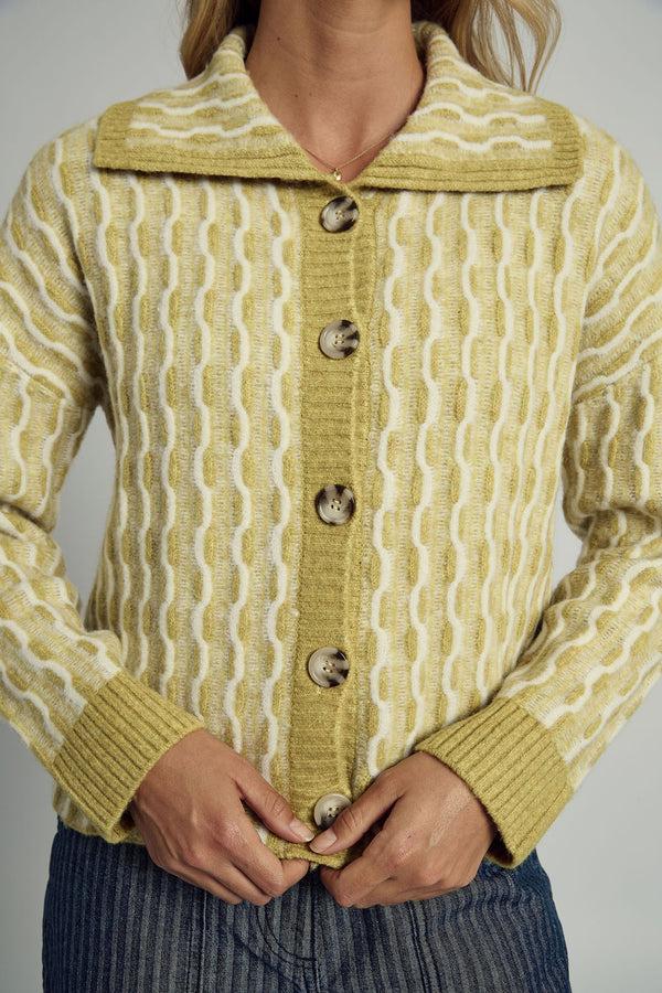 Native Youth AGATHA WIDE COLLAR CARDIGAN IN YELLOW JACQUARD