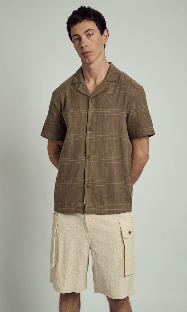 native youth ALBIE REGULAR REVERE COLLAR BURSHED CHECK SHIRT IN BROWN