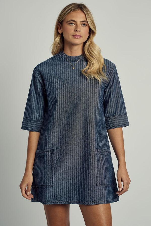 Native Youth ALEXIS DENIM STRIPED COLLARED DRESS IN BLUE