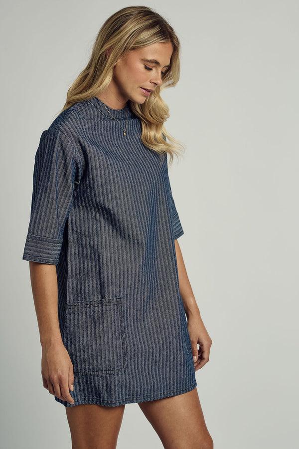 Native Youth ALEXIS DENIM STRIPED COLLARED DRESS IN BLUE