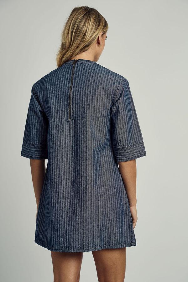 Native Youth ALEXIS DENIM STRIPED COLLARED DRESS IN BLUE