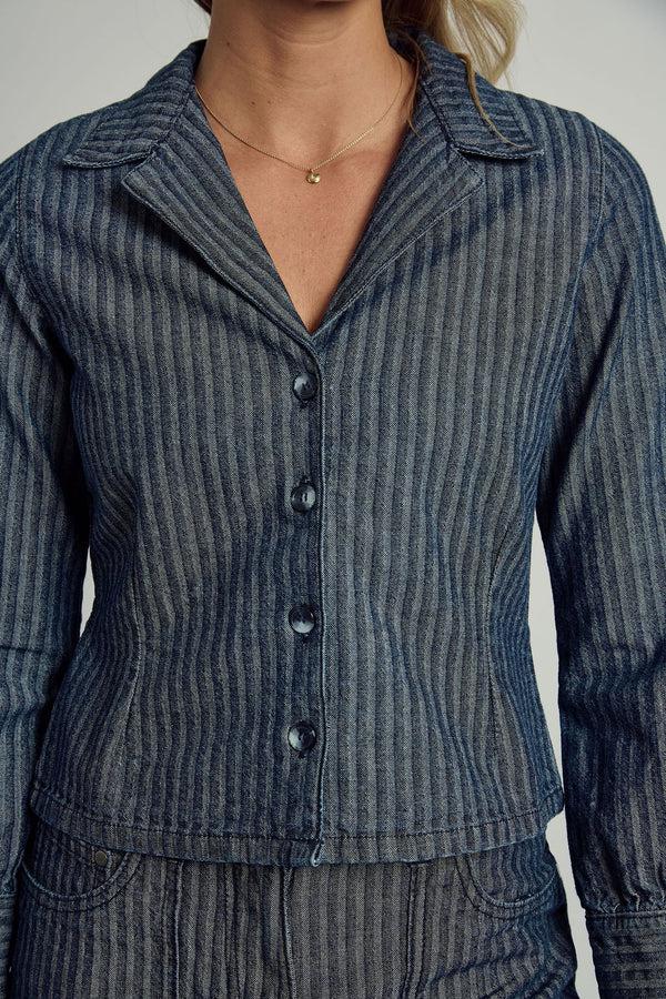 Native Youth ALEXIS STRIPE DENIM TAILORED SHIRT IN BLUE