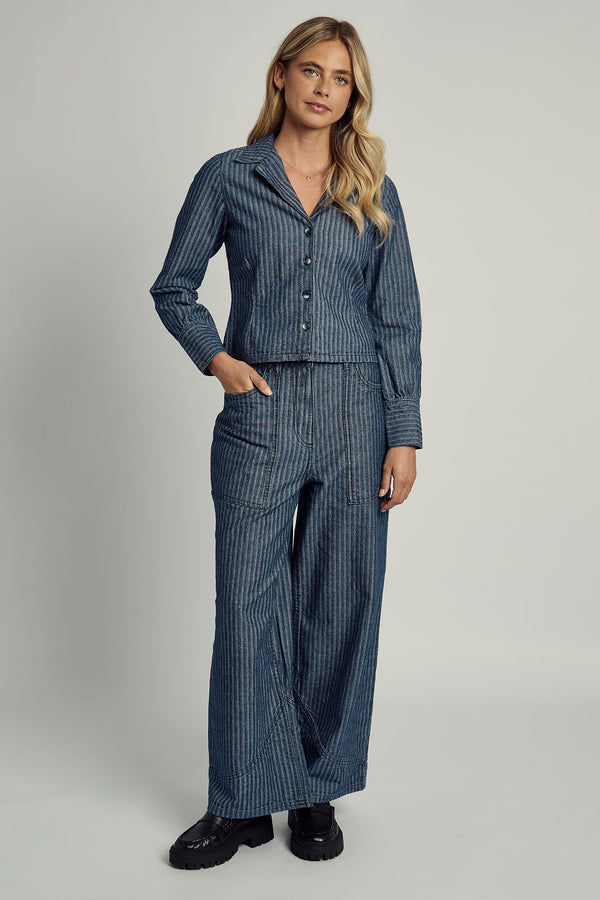 Native Youth ALEXIS STRIPE DENIM TAILORED SHIRT IN BLUE