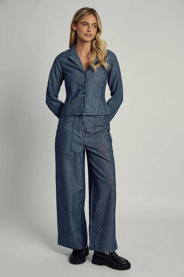 Native Youth ALEXIS STRIPE DENIM TAILORED SHIRT IN BLUE