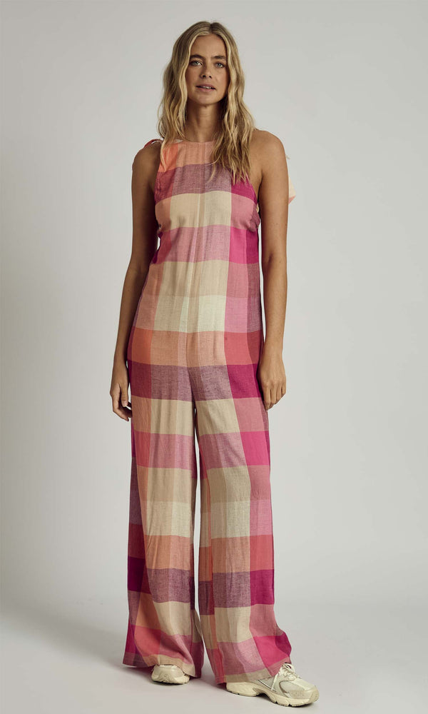 Native Youth ALMA HALTER NECK CHECK JUMPSUIT IN PINK MULTI