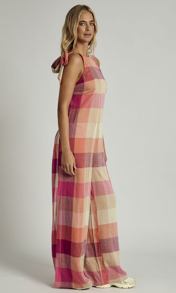 Native Youth ALMA HALTER NECK CHECK JUMPSUIT IN PINK MULTI