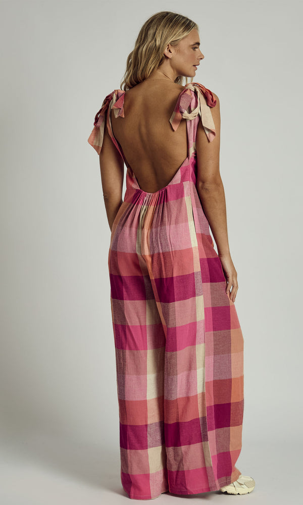 Native Youth ALMA HALTER NECK CHECK JUMPSUIT IN PINK MULTI