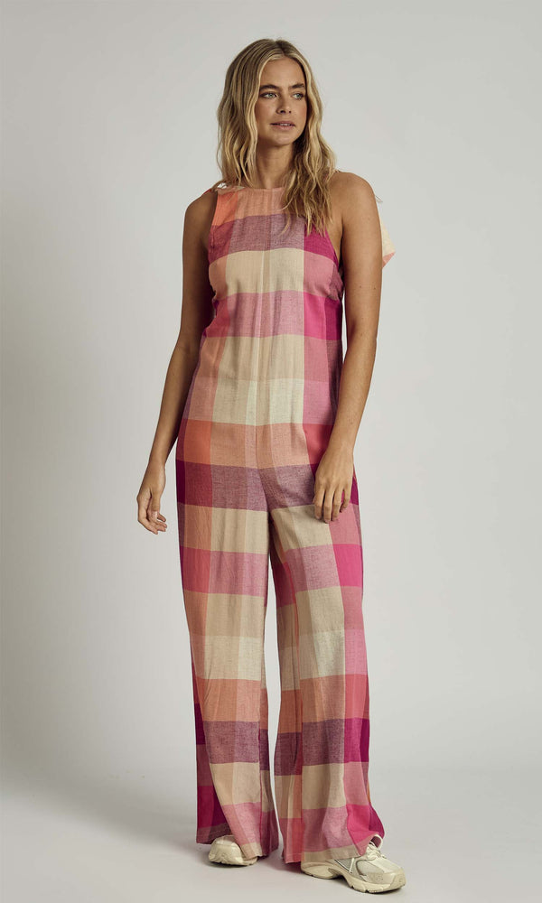native youth ALMA HALTER NECK CHECK JUMPSUIT IN PINK MULTI