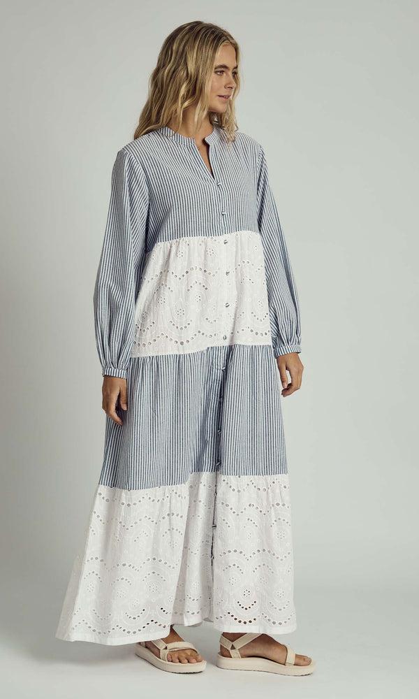Native Youth ALONDRA TIERED BRODERIE INSERT STRIPED MAXI SMOCK DRESS IN BLUE