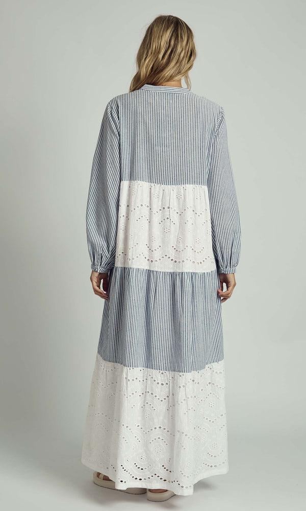 Native Youth ALONDRA TIERED BRODERIE INSERT STRIPED MAXI SMOCK DRESS IN BLUE