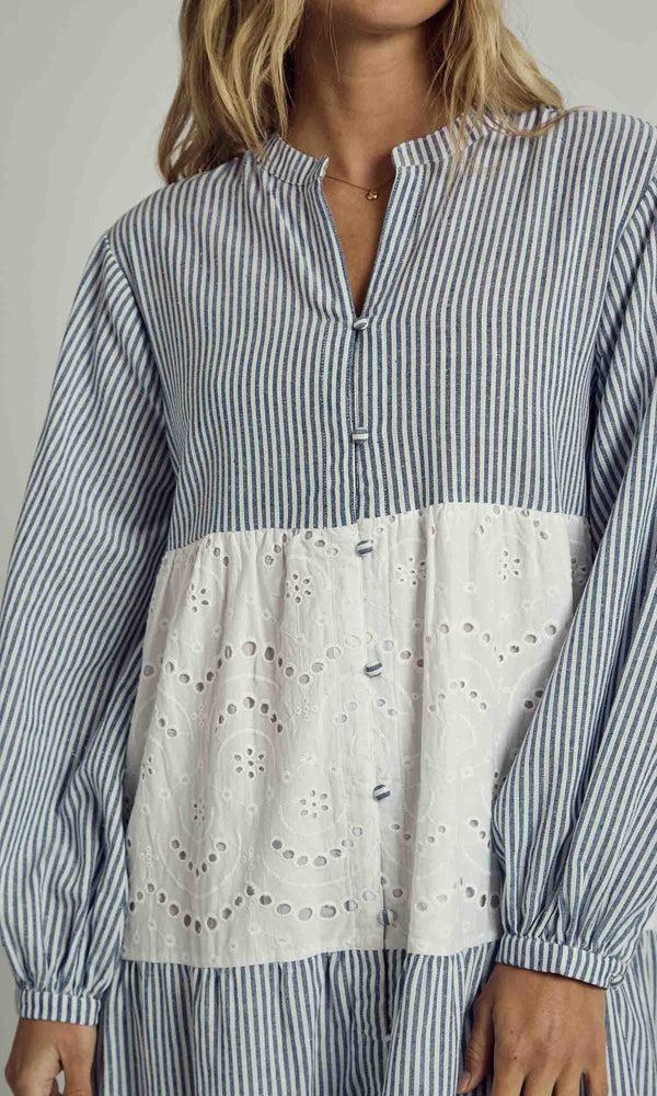 Native Youth ALONDRA TIERED BRODERIE INSERT STRIPED MAXI SMOCK DRESS IN BLUE