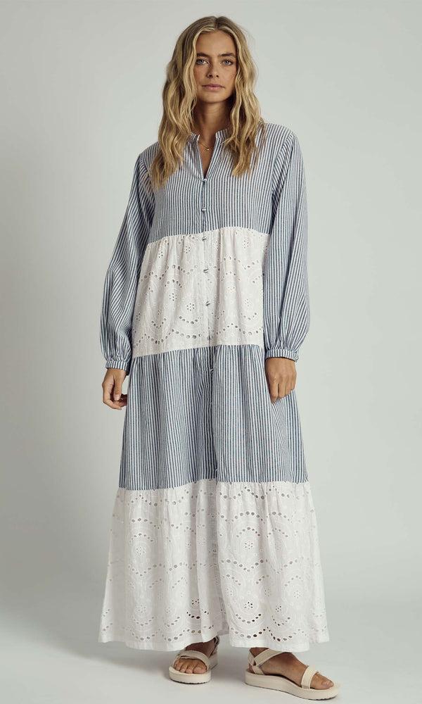 native youth ALONDRA TIERED BRODERIE INSERT STRIPED MAXI SMOCK DRESS IN BLUE