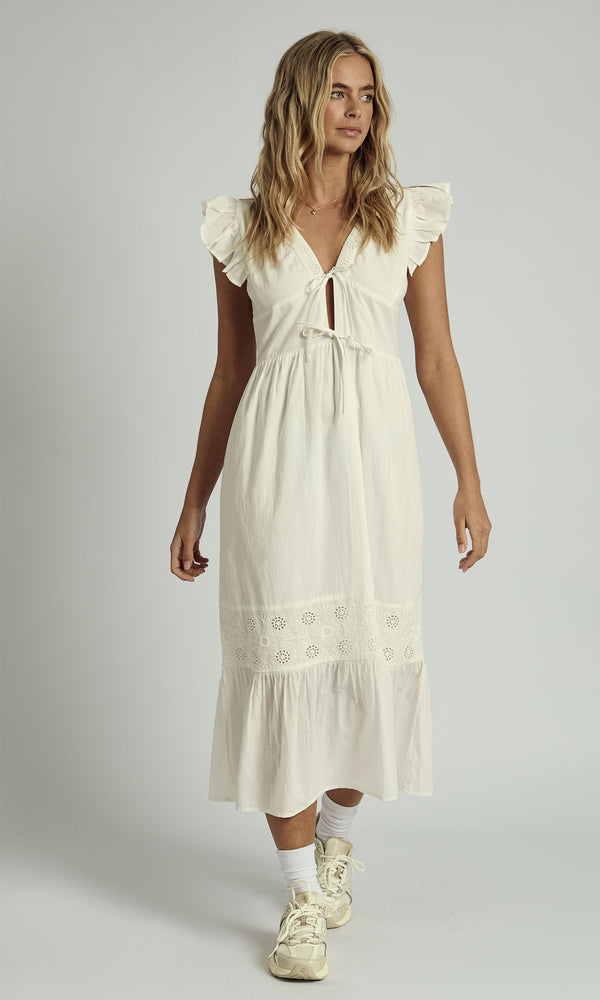 Native Youth AVERIE RUFFLE MIDAXI FLOATY MIDI DRESS IN WHITE
