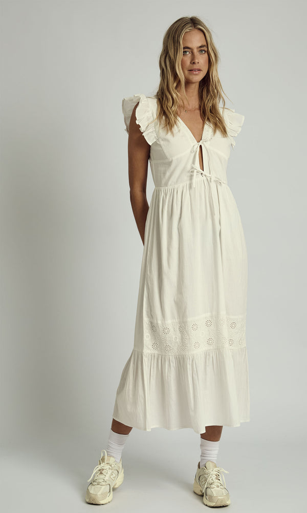 Native Youth AVERIE RUFFLE MIDAXI FLOATY MIDI DRESS IN WHITE