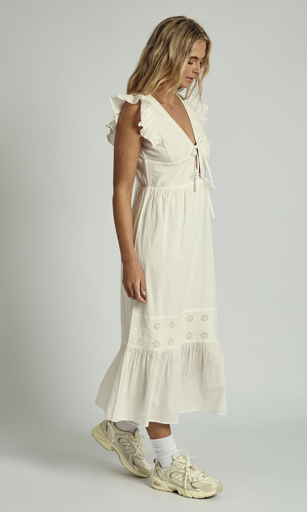 Native Youth AVERIE RUFFLE MIDAXI FLOATY MIDI DRESS IN WHITE