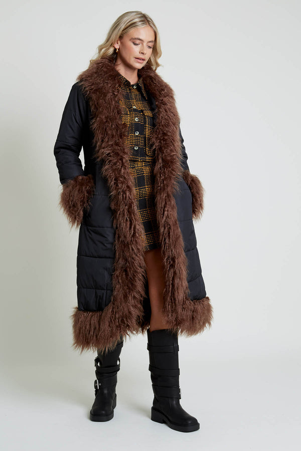 Native Youth BLAKELEY LONGLINE COCOON PUFFER WITH FAUX FUR TRIM