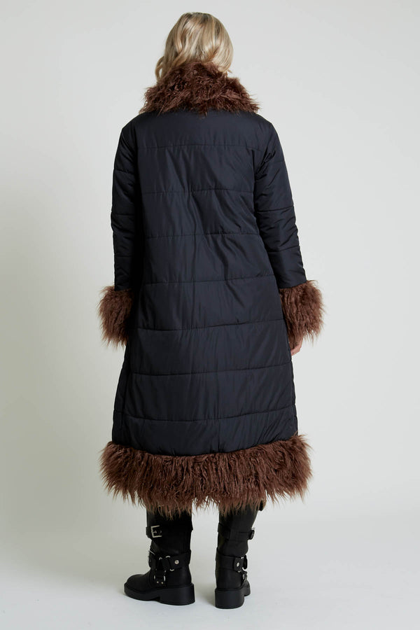 Native Youth BLAKELEY LONGLINE COCOON PUFFER WITH FAUX FUR TRIM