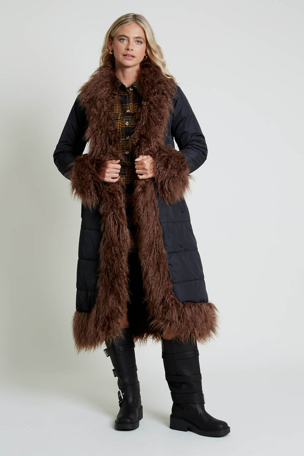 native youth BLAKELEY LONGLINE COCOON PUFFER WITH FAUX FUR TRIM