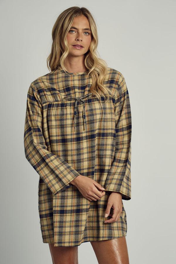 Native Youth CALERIE LONG SLEEVE DRESS IN BRUSHED YELLOW CHECK