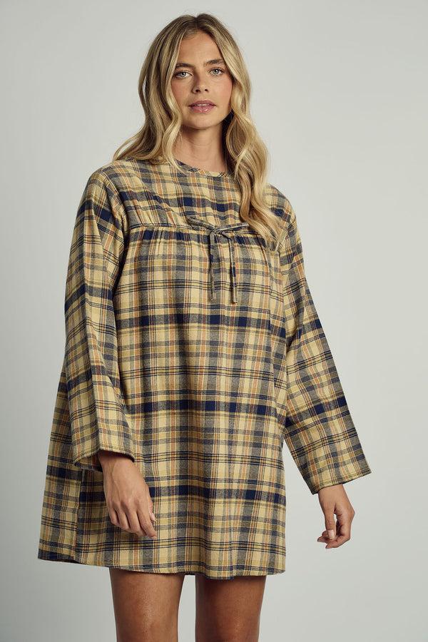 Native Youth CALERIE LONG SLEEVE DRESS IN BRUSHED YELLOW CHECK