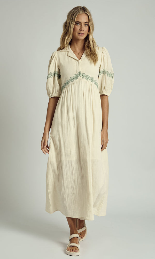 native youth CAMRYN DOUBLE GAUZE EMBROIDERED MIDAXI DRESS