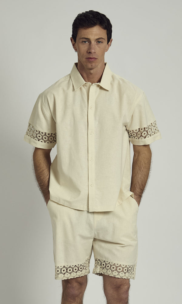 native youth DALE LINEN SHIRT WITH CROCHET PANELLING