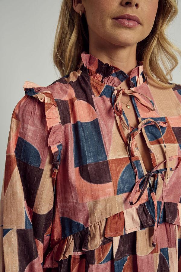 Native Youth DUSKY MOSAIC TEXTURED TIE DETAIL PRINTED MAXI DRESS