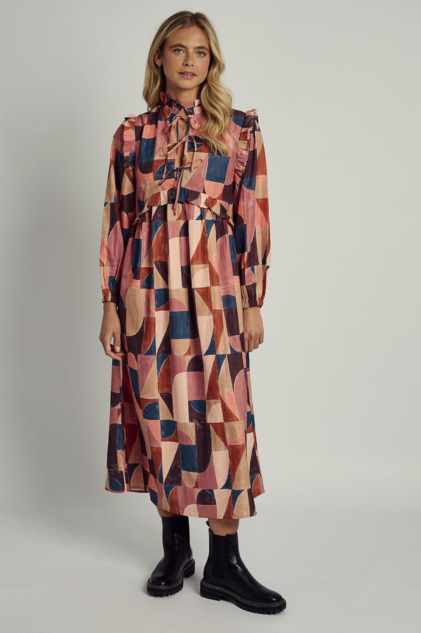 Native Youth DUSKY MOSAIC TEXTURED TIE DETAIL PRINTED MAXI DRESS