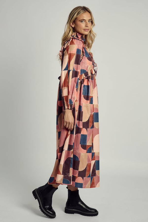 Native Youth DUSKY MOSAIC TEXTURED TIE DETAIL PRINTED MAXI DRESS