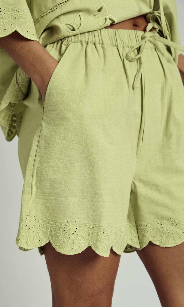 Native Youth FALLON SCALLOP EDGE LINEN SHORTS IN SAGE GREEN