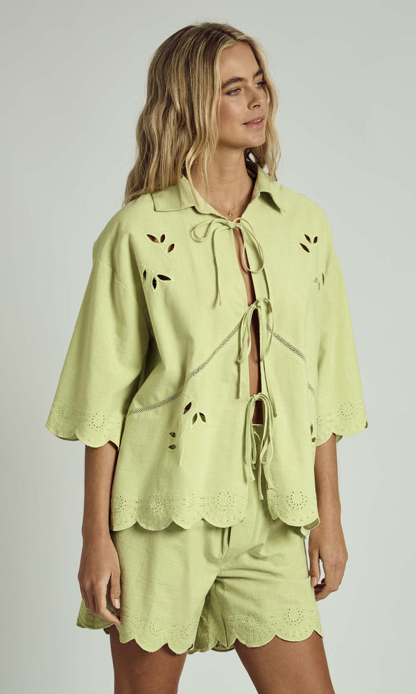 Native Youth FALLON SCALLOP EDGE TIE DETAIL BLOUSE IN SAGE GREEN