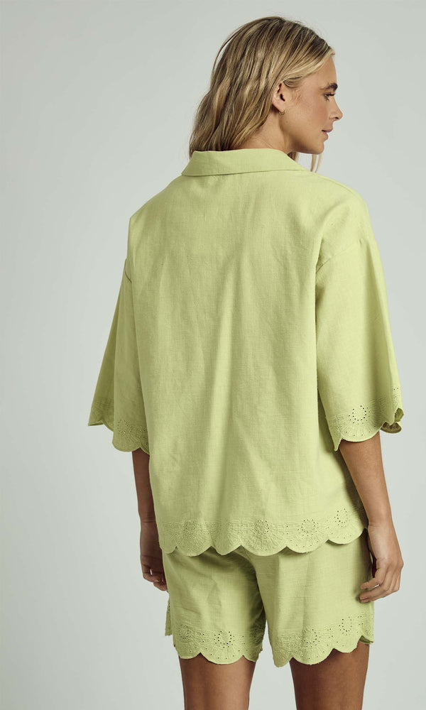 Native Youth FALLON SCALLOP EDGE TIE DETAIL BLOUSE IN SAGE GREEN