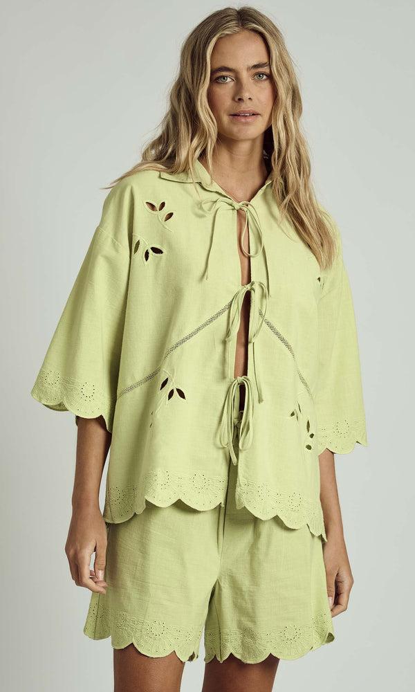 native youth FALLON SCALLOP EDGE TIE DETAIL BLOUSE IN SAGE GREEN