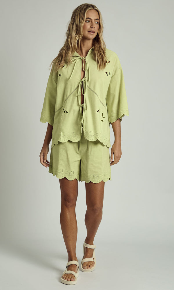 Native Youth FALLON SCALLOP EDGE TIE DETAIL BLOUSE IN SAGE GREEN