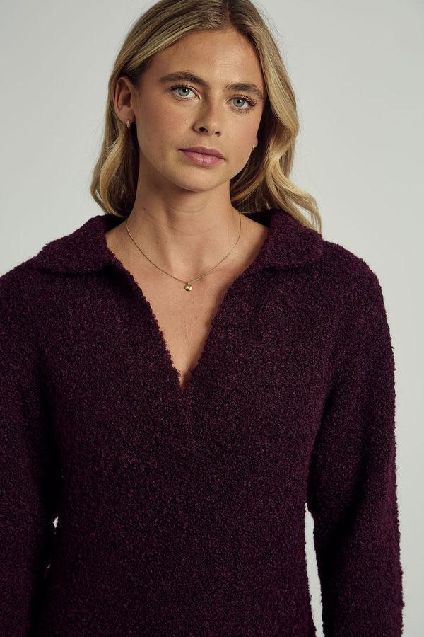 Native Youth HARLEY SOFT PUFF KNITTED POLO DRESS IN BURGUNDY