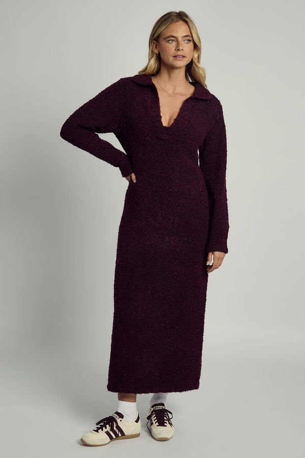 Native Youth HARLEY SOFT PUFF KNITTED POLO DRESS IN BURGUNDY
